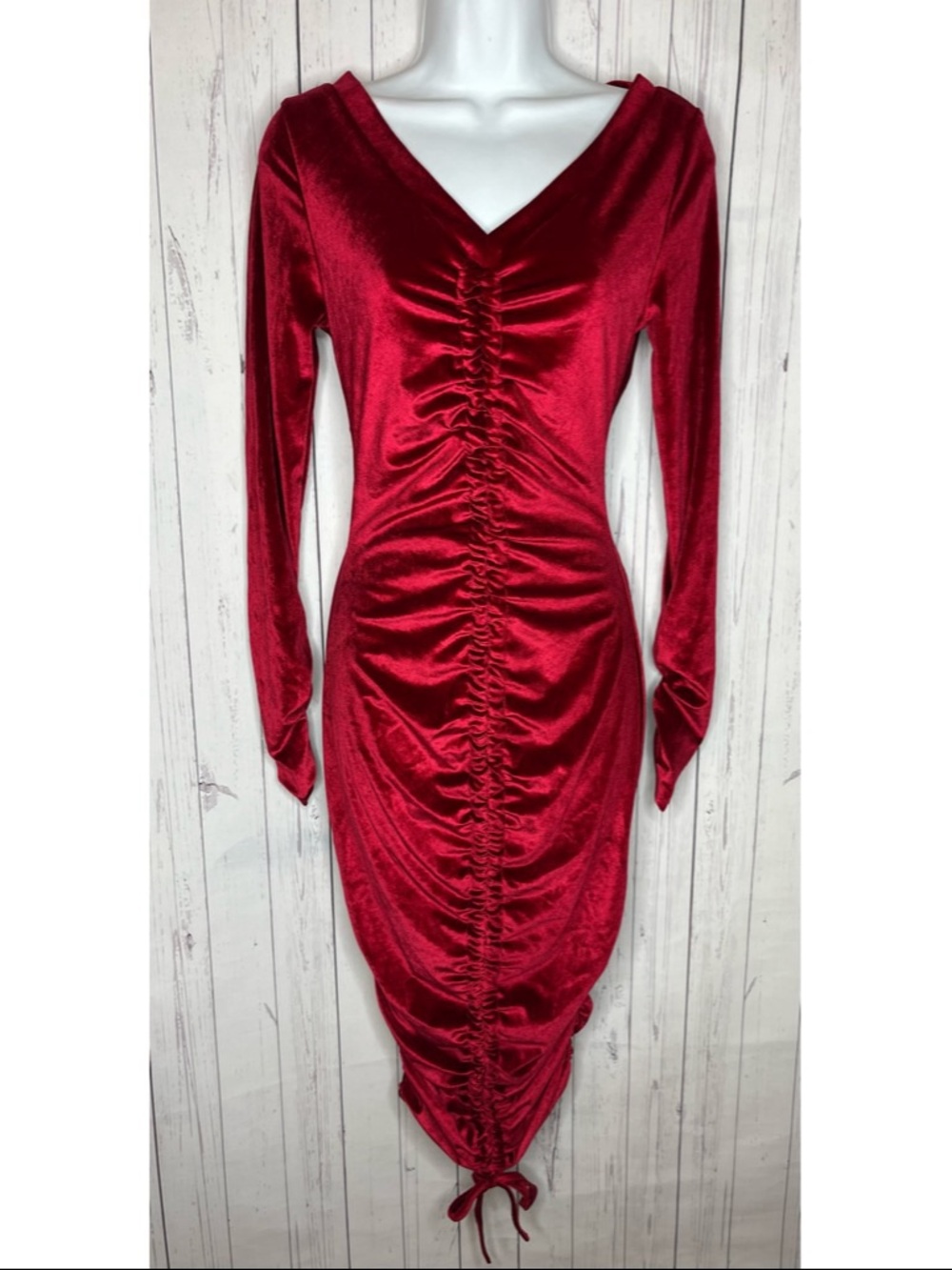 New Women’s Red Velvet Midi Dress Size Small Ruched Bodycon V-Neck Long Sleeve